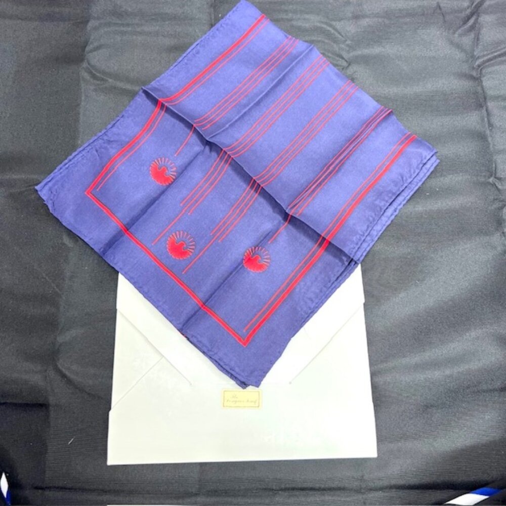 New In Box The Designer Scarf 100%  silk 50"x11" dark navy blue red striped,(80)